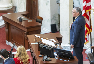 Idaho Lt. Gov. Scott Bedke, R-Oakley, recites the Pledge of Allegiance on the Senate floor