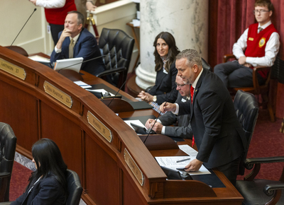 Idaho state Sen. Ben Toews, R-Coeur d'Alene, makes an announcement from the Senate floor