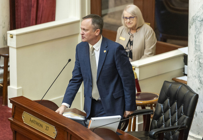 Idaho Senate President Pro Tempore Kelly Anthon, R-Rupert, makes an announcement from the Senate floor