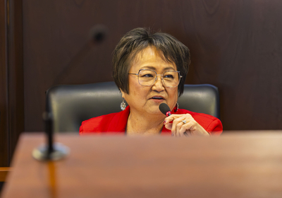 Sen. Julie VanOrden, R-Pingree, conducts committee business during the Senate Health and Welfare Committee meeting