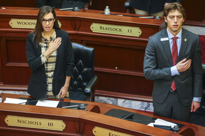 Sens. Tammy Nichols, R-Middleton, and Josh Kohl, R-Twin Falls, recite the Pledge of Allegiance on the Senate floor