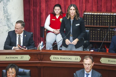 Senate Majority Leader Lori Den Hartog-R, Meridian, conducts business from the Senate floor