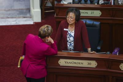 Sens. Julie VanOrden, R-Pingree, (right) and Melissa Wintrow, D-Boise, speak with one another on the Senate floor
