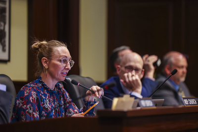 State Rep. Monica Church, D-Boise, (left) asks a question during the March 16, 2026, Idaho House Local Government Committee meeting