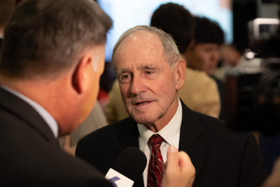 U.S. Sen. Jim Risch, R-Idaho, talks to an Idaho News 6 reporter at the Idaho GOP election night watch party