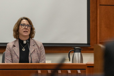 The Rev. Sara LaWall takes the stand to testify in her misdemeanor trespassing trial on Sept. 1, 2026.