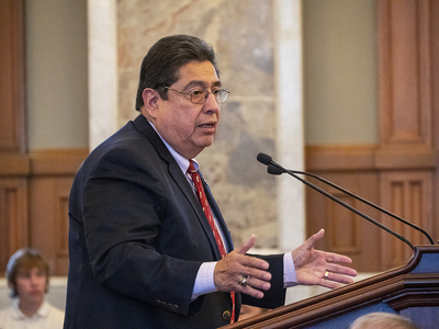 Rep. Louis Ruiz, D-Kansas City, Kansas, endorsed Senate Bill 84 legalizing sports gambling in Kansas. The measure would dedicate 80% of state revenue to a special fund to help attract a professional sports team to Kansas.(Sherman Smith/Kansas Reflector)