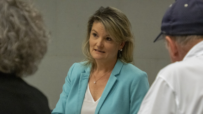 Sen. Cindy Holscher appears Aug. 23, 2022, at an education roundtable discussion at the Topeka and Shawnee County Public Library. (Sherman Smith/Kansas Reflector)