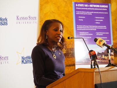 Cheryl Harrison-Lee, a member of the Kansas Board of Regents, said the "K-State 105" economic development initiative "holds great promise for Kansas businesses and communities. The objective is to improve economic development to communities large and small in all 105 counties. (Tim Carpenter/Kansas Reflector)