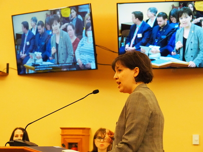Ellen Bertels, representing Kansas Legal Services, said Senate Bill 180 creating the "Woman's Bill of Rights" could violate a court order prohibiting the state from blocking changes to gender markers on identification cards and legal documents. The bill would require Kansans be declared male or female at birth for purposes of applying state laws, regulations or rules. (Tim Carpenter/Kansas Reflector)