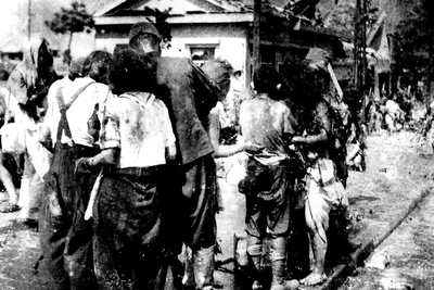 Only five photos were made the day the bomb fell on Hiroshima, all by the same man — Yoshito Matsushige, a 32-year-old newspaper photographer. He was at home at the time the bomb was dropped on the morning of. Aug. 6, 1945, He made his way into the city. The first photo he took, around 11 a.m., was of badly burned junior high school students on the Miyuki Bridge. What appears to be rags is, in many cases, skin hanging from arms and legs.