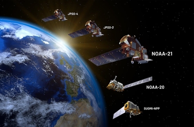 An illustration of several NOAA satellites in orbit above Earth