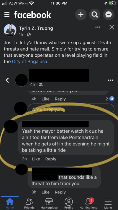 Bogalusa Mayor Tyrin Troung's Facebook post that shares a comment from a page that he considers a threat. The mayor's post says, "Just to let y'all know what we're up against. Death threats and hate mail. Simply for trying to ensure that everyone operates on a level playing field in the City of Bogalusa.