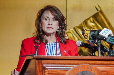 Liz Murrill speaks to reporters after qualifying for the 2023 election for Louisiana attorney general.