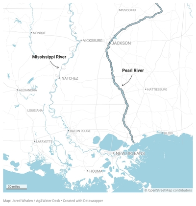 A map shows the Pearl River as it turns through Mississippi and along its southeastern border with Louisiana
