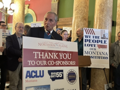 Former Republican Montana Gov. Marc Racicot speaks at a rally to protect the Montanan Constitution on Wednesday, Feb. 1, 2023.