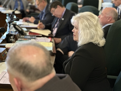Sen. Wendy McKamey, R-Great Falls, listens to debate on Senate Bill 99 on Feb. 7, 2023, after telling the Senate she would vote against the bill.
