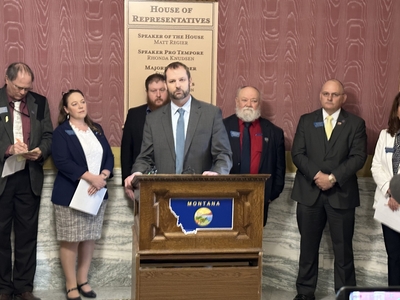 House Speaker Matt Regier, R-Kalispell, speaks to the press about the 2023 legislative session on May 3, 2023, a day after lawmakers adjourned. Behind him are Republican Reps. Steve Gist, Jennifer Carlson, Brandon Ler, Denley Loge, and Neil Duram.