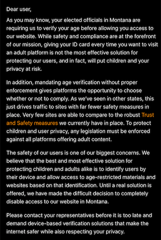 Pornhub blocks access by Montanans, citing bill to protect minors