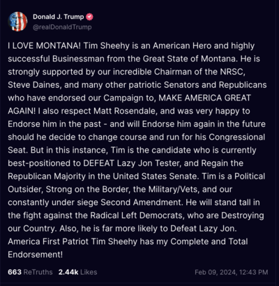 Former President Donald Trump endorses Tim Sheehy in the Republican primary in Montana's U.S. Senate race. (Screenshot via Truth Social)