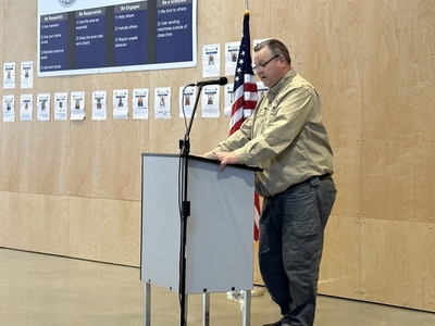 U.S. Sen. Jon Tester (D-Montana) announces a $10 million RAISE Grant for East Helena on June 21, 2024. (Photo by Blair Miller, Daily Montanan)