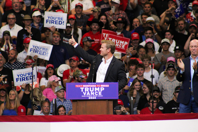 Montana Republican U.S. Senate candidate Tim Sheehy addresses the crowd at a rally in Bozeman alongside Gov. Greg Gianforte on Aug. 9, 2024. (Photo by Blair Miller, Daily Montanan)