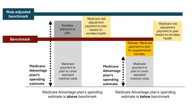 Two sets of stacked boxes sit below a vertical bar labeled Risk-Adjusted Benchmark. A vertical line bisecting the boxes is labelled what Medicare would actually spend on an enrollee in traditional Medicare
