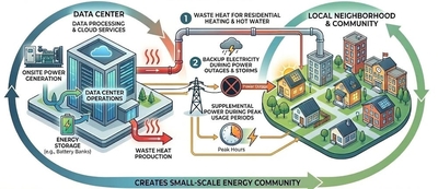 A diagram shows connections between a data center and its nearby community buildings.