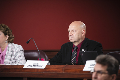 State Sen. Doug Mastriano, R-Franklin, attends the Senate Education Committee Hearing held at the Pennsylvania Capitol on May 24, 2022 in Harrisburg, Pa. (Photo by Amanda Berg, for the Capital-Star).