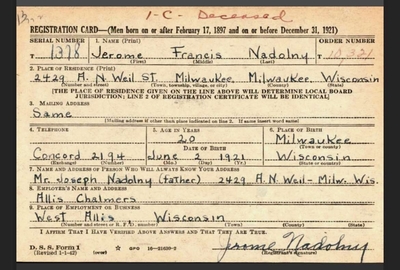 Jerome Nadolny's draft registration card. (Courtesy of Shaun Nadolny)