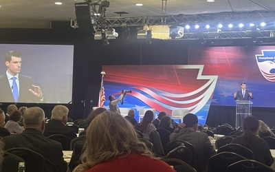 U.S. Rep. Rob Bresnahan delivering an address at the Pennsylvania Leadership Conference at the Penn Harris Hotel in Camp Hill April 4, 2025. (Capital-Star photo by John Cole)