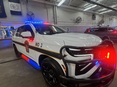 A State Police vehicle equipped with new lights and sirens in PSP's Harrisburg transportation building on Jan. 29, 2026. (Photo by Ian Karbal/Capital-Star)
