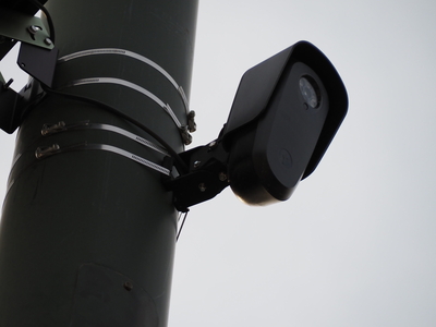 A Flock Safety license plate-reading camera is seen at Colfax Avenue and Franklin Street in Denver on Aug. 5, 2025. (Photo by Quentin Young/Colorado Newsline)