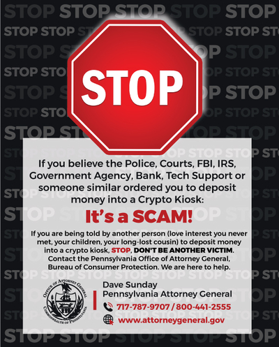 Pa. AG Dave Sunday launches effort to prevent cryptocurrency scams at Bitcoin ATMs