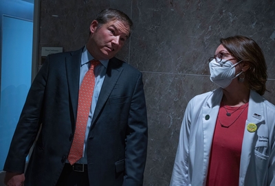 State Sen. Jeff Yarbro, D-Nashville, talks with emergency physician Dr. Katrina Green in the Tennessee Capitol on June 24. (Photo: John Partipilo)