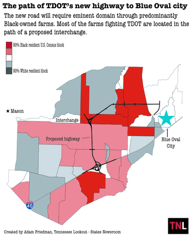 Graphic showing the path of TDOT's new highway connection Blue Oval City to Interstate 40.