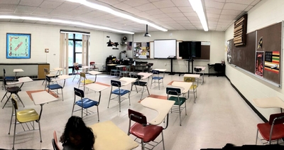The Sullivan Central High School classroom of former teacher Matthew Hawn, who was dismissed in 2021 for discussing topics deemed 'critical race theory.' (Photo: Clark Hodgin.)