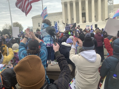 Dozens of LGBTQ+ advocates converged outside the U.S. Supreme Court on Wednesday, with some yelling at Tennessee lawmakers during a press conference. (Photo: Sam Stockard/Tennessee Lookout)