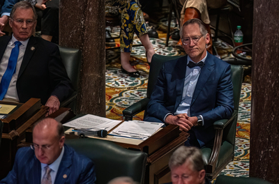 Senate Finance Committee Chair Bo Watson, right)  said he is pleased with state revenues, despite a $721 million drop-off from the prior year. (Photo: John Partipilo/Tennessee Lookout)