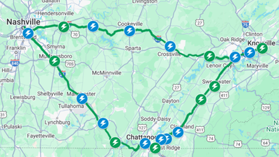 A map depicts a loop through Middle Tennessee of electric vehicle chargers.