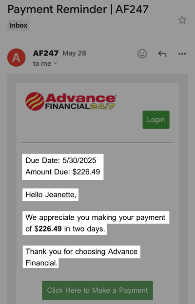 Thomas continues to receive bills requesting a minimum payment of $226.49 years after closing her account with Advance Financial. (Obtained by Tennessee Lookout and ProPublica. Highlighted by ProPublica.)