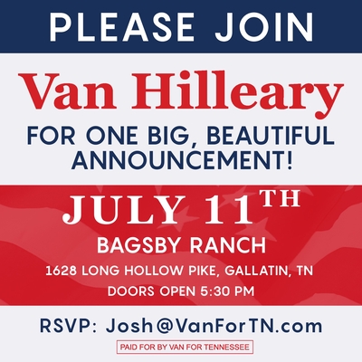 A red white and blue announcement for Tennessee politician Van Hilleary.