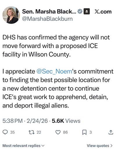 Sen. Marsha Blackburn: ICE ends plans for Wilson County immigrant detention ‘mega center’