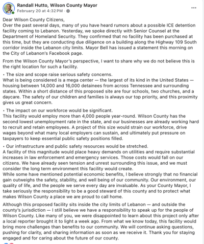 Wilson County Mayor: ICE eyes immigrant detention ‘mega center’ in Lebanon to house up to 16,000