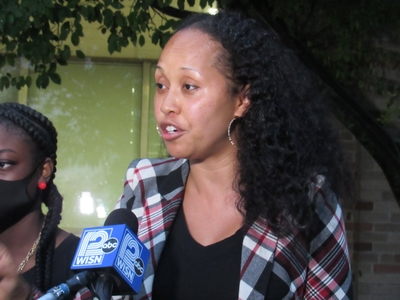 Lawyer Kimberley Motley speaks to press outside Wauwatosa City Hall after the meeting was over. (Photo by Isiah Holmes)