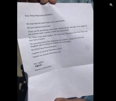 A letter with racist language circulated by a group calling itself the "Whites of Wauwatosa" during the summer of 2020. (Photo posted to social media)