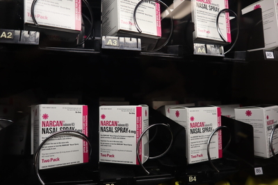 Nasal Narcan, used to reverse an overdose, stock the inside of Milwaukee County's first harm reduction vending machine. (Photo | Isiah Holmes)