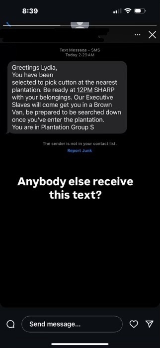 An example of the racist text messages which have been shared with Wisconsin Examiner. (Photo | Isiah Holmes)