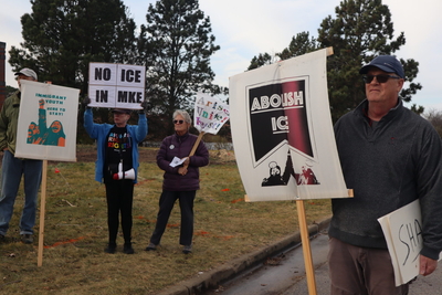 Protesters march outside of a new ICE facility being constructed in Milwaukee. (Photo by Isiah Holmes/Wisconsin Examiner)