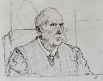 U.S. District Judge Lynn Adelman presiding over former Milwaukee County Judge Hannah Dugan's trial for obstructing federal immigration agents. (Art by Adela Tesnow)